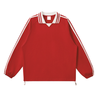 Load image into Gallery viewer, Unisex heavyweight 100% cotton varsity pullover in red with striped collar and sleeves.
