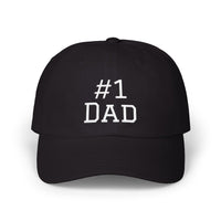 Load image into Gallery viewer, black cap with#1 Dad embroidered in white thread
