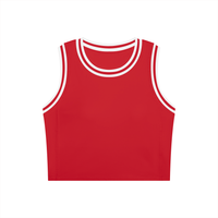 Load image into Gallery viewer, A red sleeveless crop top with white double-trimmed neckline and armholes, shown flat against a plain white background.