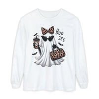 Load image into Gallery viewer, Boo Jee Leopard Ghost Comfort Colors Long Sleeve Tee for Halloween!