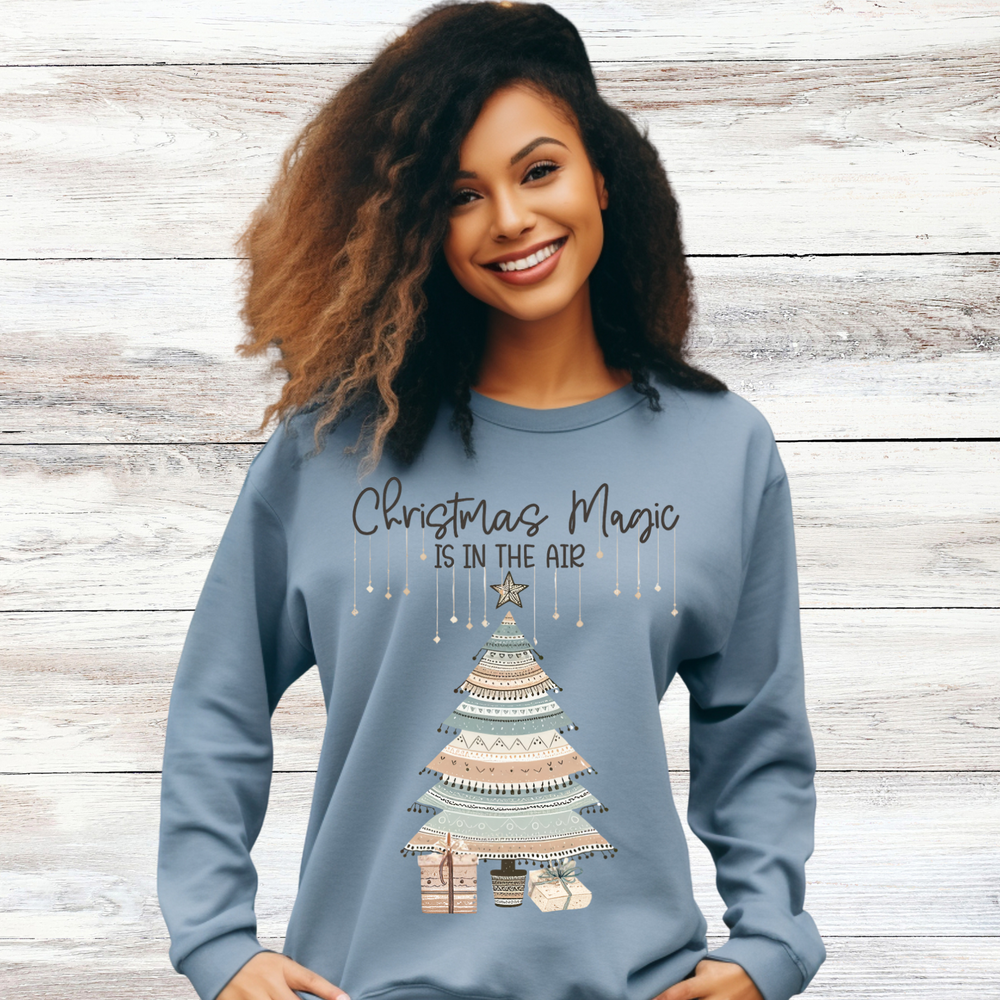 Boho Christmas tree design printed on white Comfort Colors long sleeve holiday tee