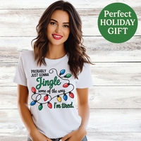 Load image into Gallery viewer, Jingle I’m Tired Christmas shirt with colorful holiday lights on a Bella Canvas 3001 tee