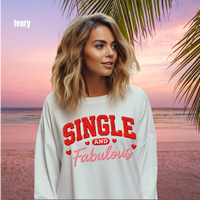 Load image into Gallery viewer, Close-up of embroidered “Single and Fabulous” design on ivory Custom Cotton long sleeve.