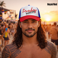 Load image into Gallery viewer, Red and Royal trucker hat featuring red Loverboy script and distressed Hardcore graphic on foam front with mesh back