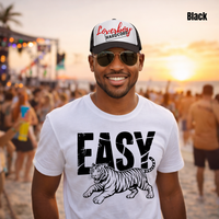 Load image into Gallery viewer, Black trucker cap with red Loverboy script and distressed Hardcore graphic on foam front with mesh back