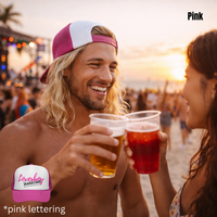 Load image into Gallery viewer, Hot pink trucker cap with pink Loverboy lettering plus stamped Hardcore in black.