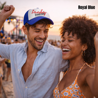 Load image into Gallery viewer, Royal trucker hat featuring red Loverboy and Hardcore graphic on foam front with mesh back