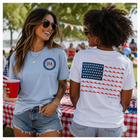 Load image into Gallery viewer, Ladies in patriotic flag shirts celebrate at a July 4th picnic and BBQ.