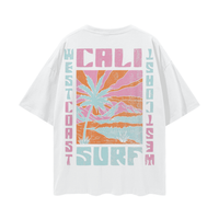 Load image into Gallery viewer, White t-shirt with 'Cali Coast Surf' design on a white background