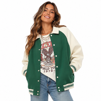 Load image into Gallery viewer, Woman wearing green and ivory unisex varsity team jacket with barrel jeans and sneakers
