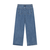 Load image into Gallery viewer, Back view of a pair of medium-wash blue denim jeans with a straight-leg fit, featuring two rear patch pockets and a button closure.
