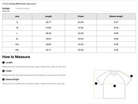 Load image into Gallery viewer, A sizing and measurement guide for a short-sleeve T-shirt, showing a size chart from S to 3XL with length, chest, and sleeve length in centimeters and inches, plus step-by-step measurement instructions and a labeled body measurement diagram.