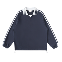 Load image into Gallery viewer, Unisex heavyweight 100% cotton varsity pullover in Navy with striped collar and sleeves.