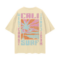 Load image into Gallery viewer, Back of the Apricot t-shirt with 'Cali West Coast Surf' design on a yellow background