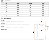 Load image into Gallery viewer, Measurement chart for a t-shirt showing size information in inches and centimeters for sizes 2X3 through XL, plus a step-by-step how-to measure guide with a labeled t-shirt diagram.