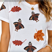 Load image into Gallery viewer, Women’s Sequin Thanksgiving Turkey &amp; Autumn Leaf T-Shirt – Short Sleeve Fall Graphic Tee