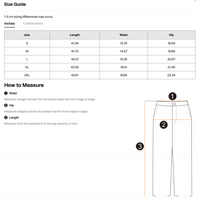 Load image into Gallery viewer, A size guide and measurement diagram for pants, showing a size table from S to 2XL with length, waist, and hip measurements, plus step-by-step measurement instructions and a line drawing of pants with labeled measurement areas.