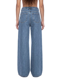 Load image into Gallery viewer, A model shown from the back wearing high-waisted, wide-leg blue denim jeans against a plain white background.