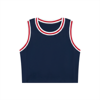 Load image into Gallery viewer, A sleeveless navy blue crop top with a classic basketball-style collar trimmed in red and white stripes, shown flat on a white background.