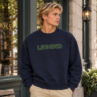 Load image into Gallery viewer, Navy LEGEND embroidered sweatshirt styled with relaxed khaki pants
