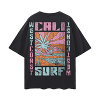 Load image into Gallery viewer, Black t-shirt with 'West Coast Surf' graphic design on a white background